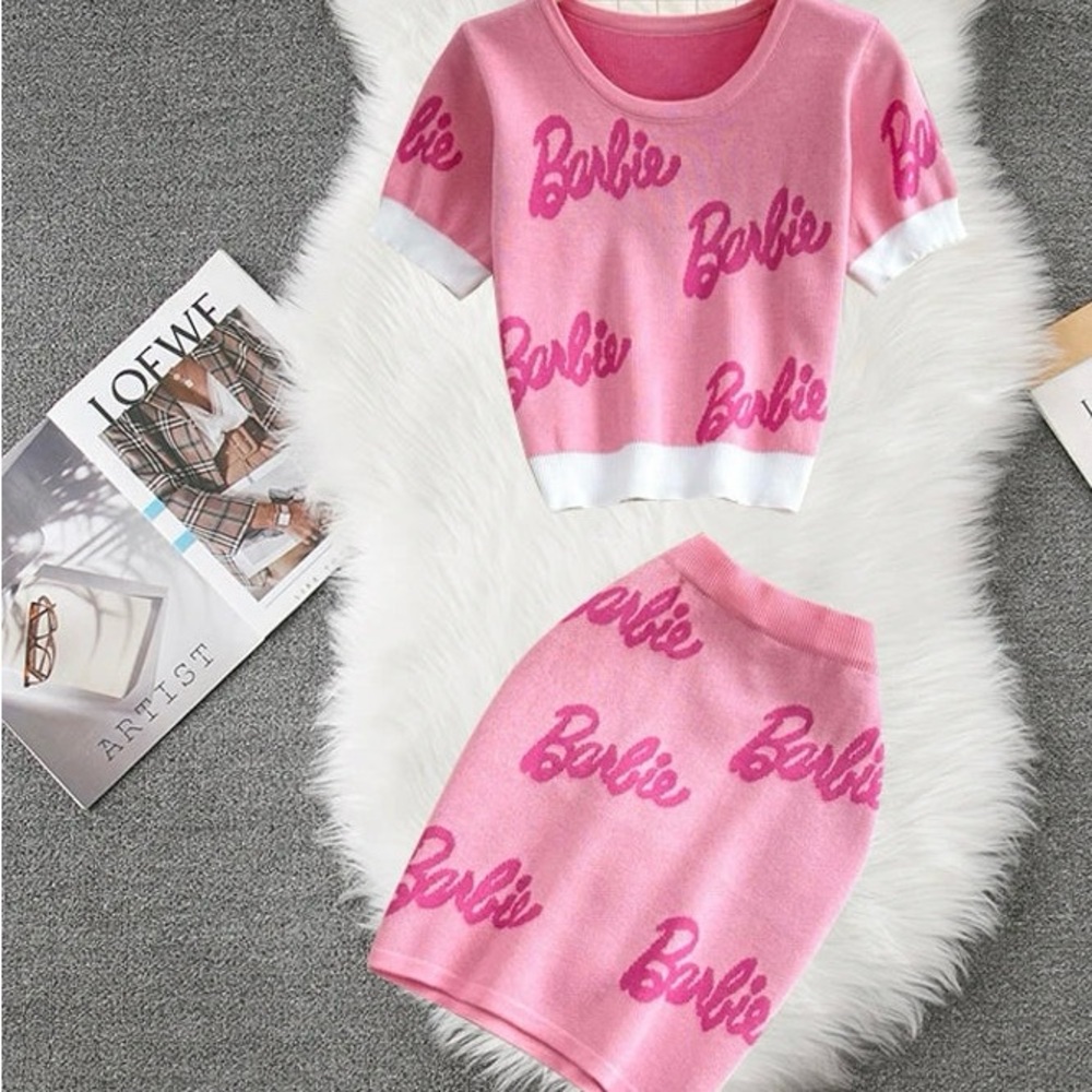 Pink Barbie Logo Top and Skirt Set